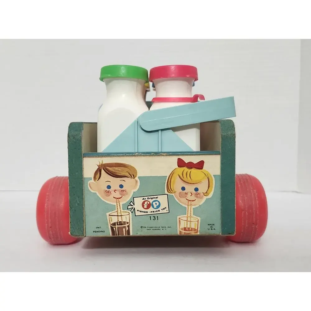 Vintage 1965 Fisher Price Milk Wagon Pull Toy 131 Bottles Lithos Driver